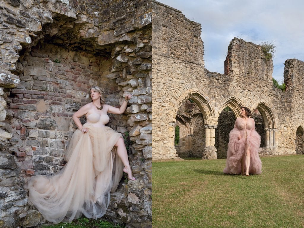Women wearing beautiful gowns at a Hampshire castle location photoshoot 